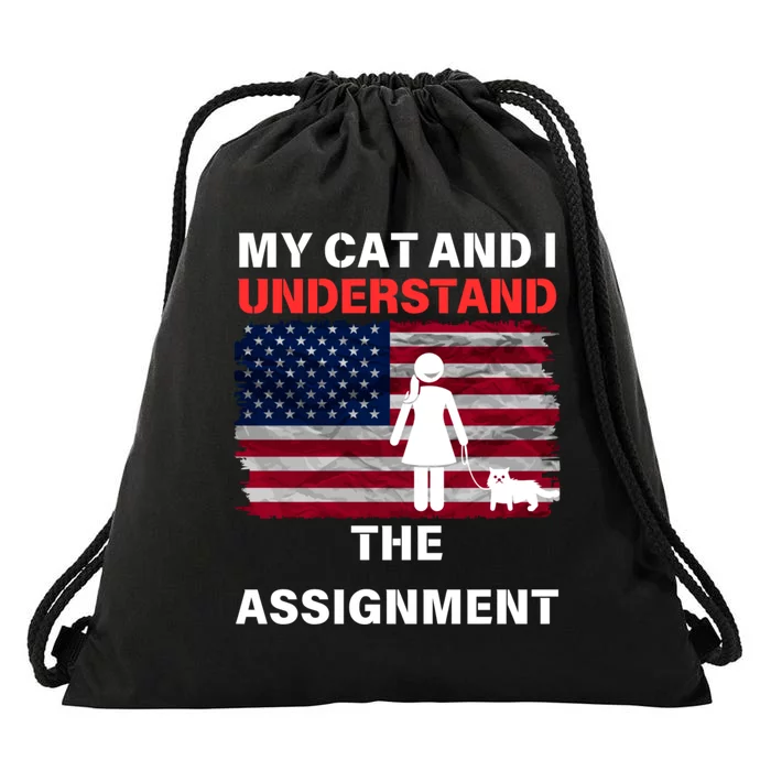 My Cat And I Understand The Assignment Usa Flag Drawstring Bag