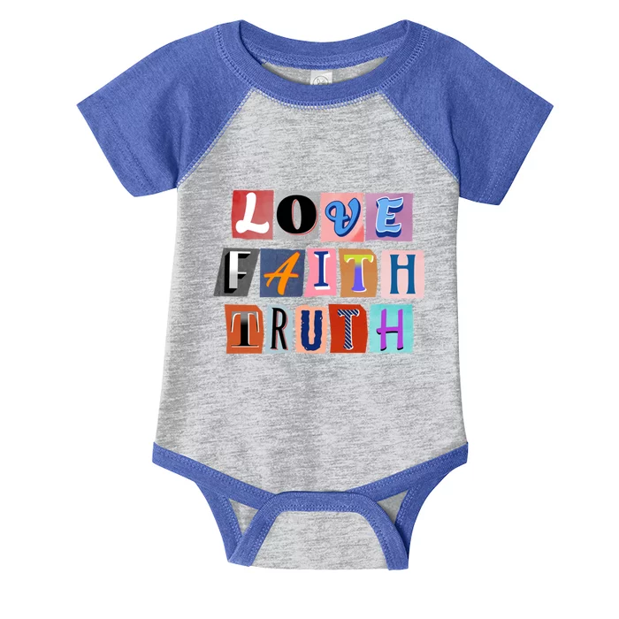 Magazine Cutout Alphabet Design: Love Faith Truth Gift Infant Baby Jersey Bodysuit