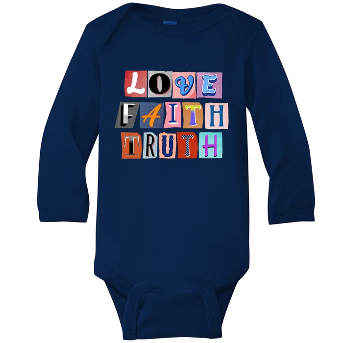 Magazine Cutout Alphabet Design: Love Faith Truth Gift Baby Long Sleeve Bodysuit