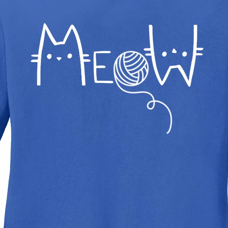 Meow Cat And Yarn Ball Image Funny And Novelty Design Gift Ladies Long Sleeve Shirt