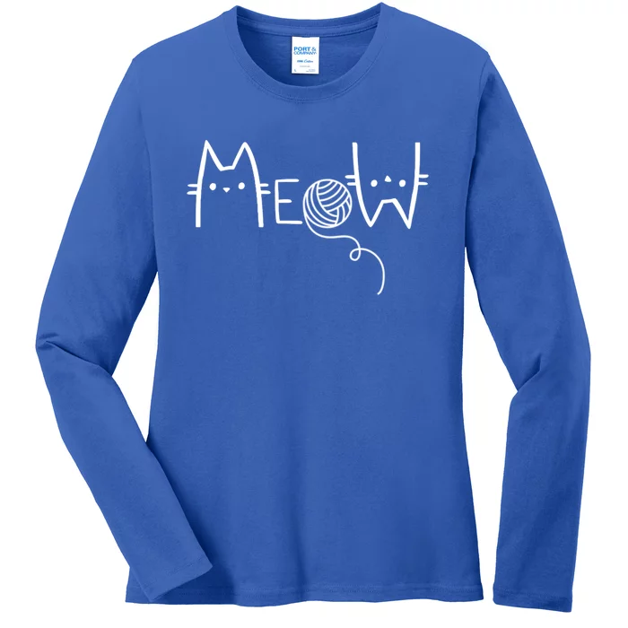 Meow Cat And Yarn Ball Image Funny And Novelty Design Gift Ladies Long Sleeve Shirt