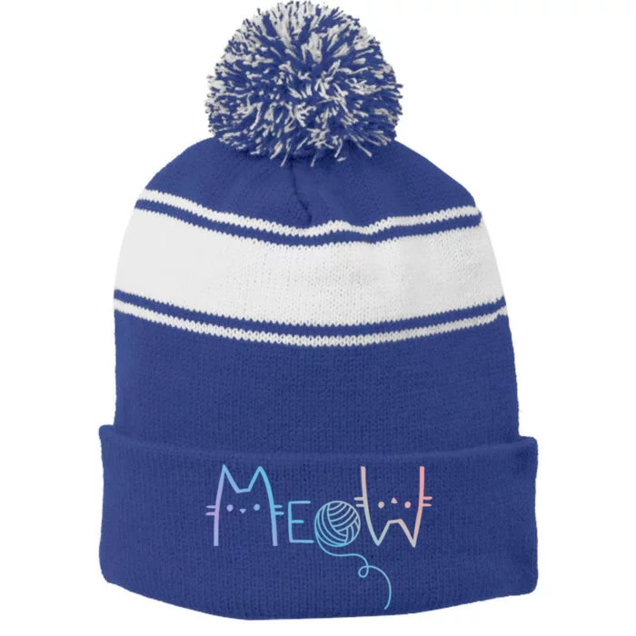 Meow Cat And Yarn Ball Image Funny And Novelty Design Gift Stripe Pom Pom Beanie