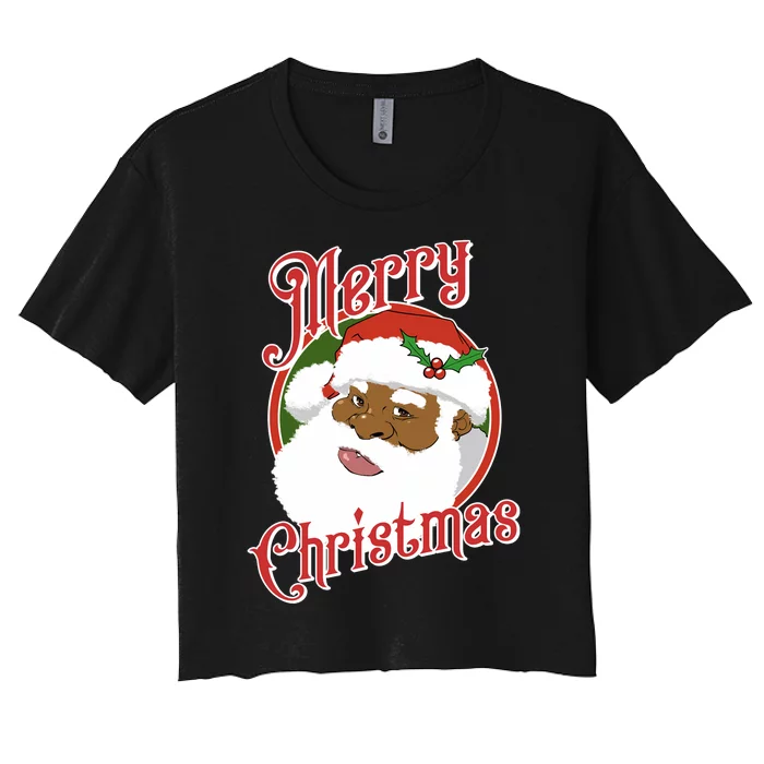 Merry Christmas African American Santa Claus Long Sleeve Women's Crop Top Tee