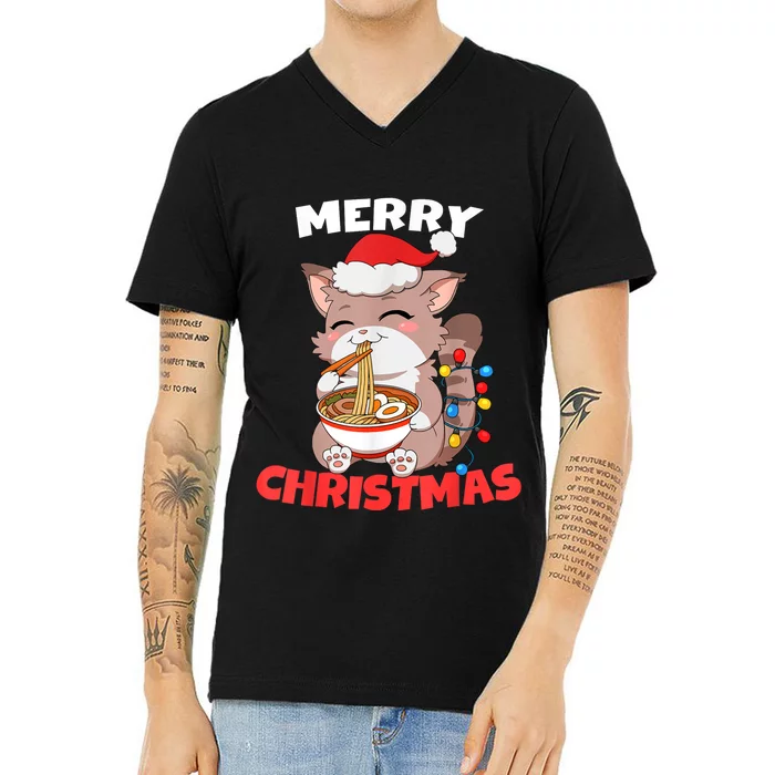 Merry Christmas Anime Kawaii Cat Ramen Xmas Lights V-Neck T-Shirt