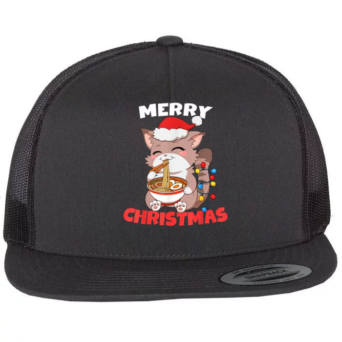 Merry Christmas Anime Kawaii Cat Ramen Xmas Lights Flat Bill Trucker Hat