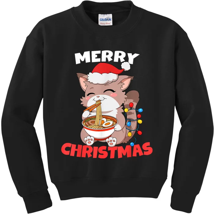 Merry Christmas Anime Kawaii Cat Ramen Xmas Lights Kids Sweatshirt