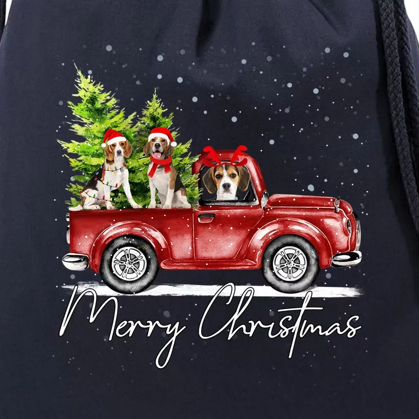 Merry Christmas Beagle Santa Red Truck Xmas Light Reindeer Great Gift Drawstring Bag