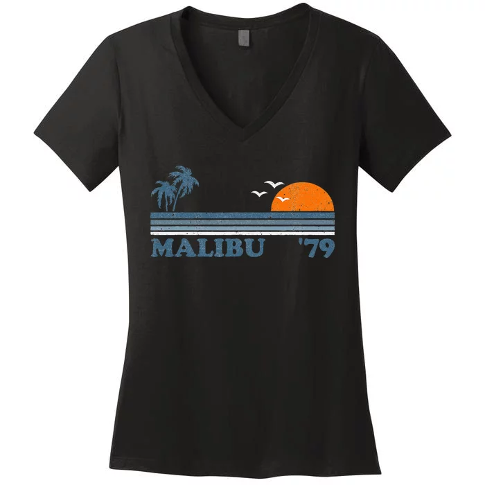 Malibu California Beach Retro Sun Surfing 70S Gift Women's V-Neck T-Shirt