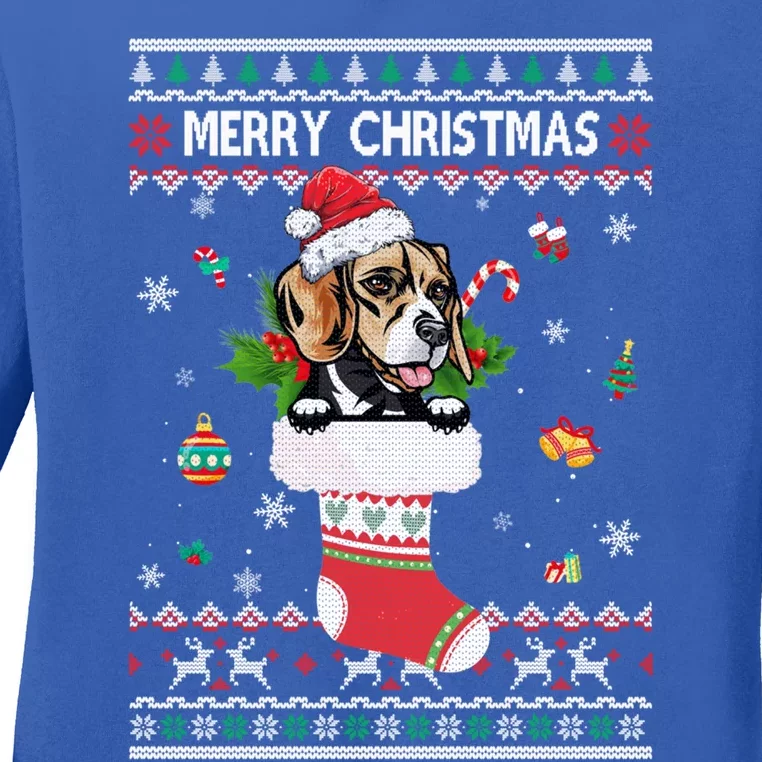 Merry Christmas Beagle In Sock Dog Funny Ugly Xmas Cool Gift Ladies Long Sleeve Shirt