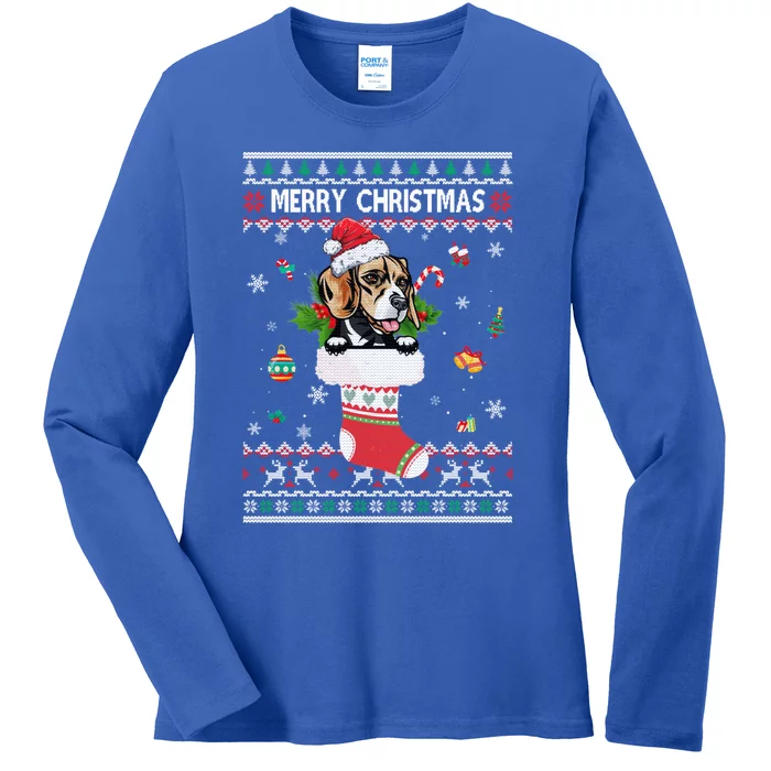 Merry Christmas Beagle In Sock Dog Funny Ugly Xmas Cool Gift Ladies Long Sleeve Shirt