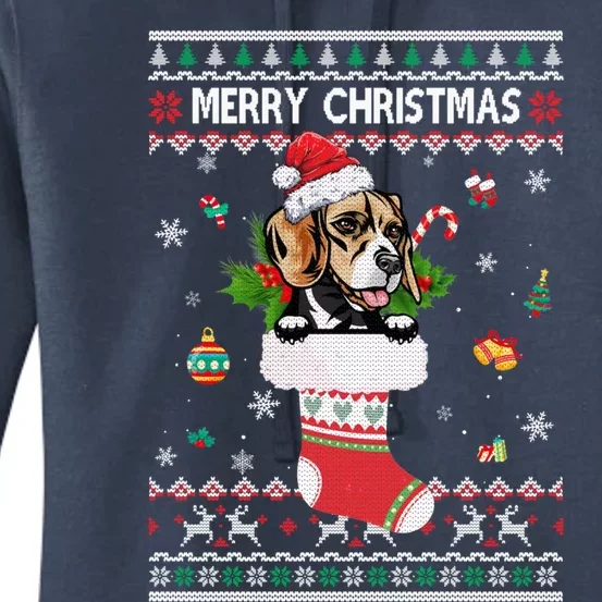 Merry Christmas Beagle In Sock Dog Funny Ugly Xmas Cool Gift Women's Pullover Hoodie