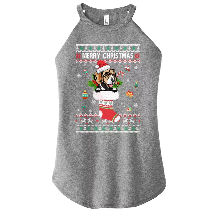 Merry Christmas Beagle In Sock Dog Funny Ugly Xmas Cool Gift Women’s Perfect Tri Rocker Tank