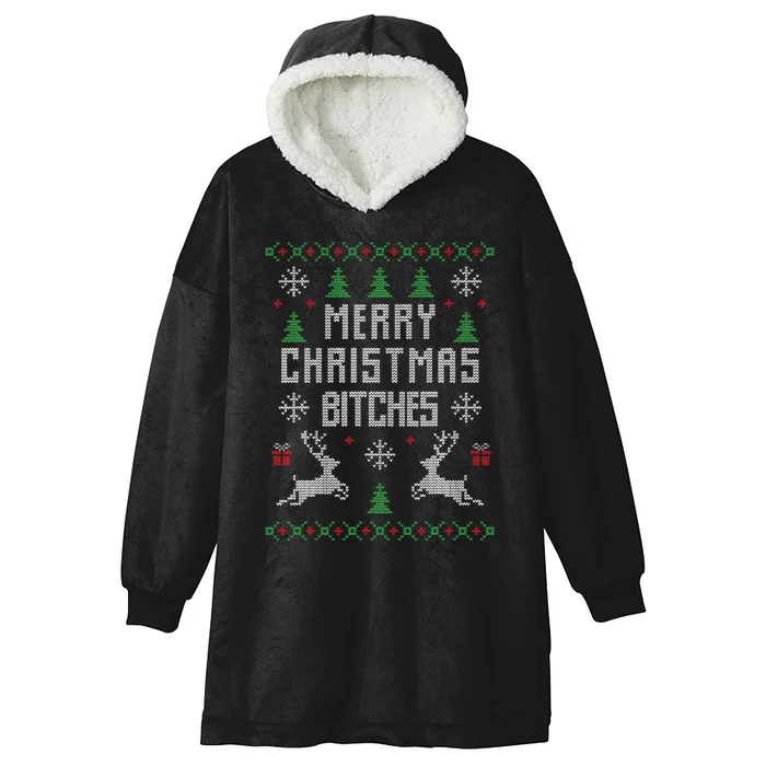 Merry Christmas Bitches Funny Reindeer Ugly Christmas Funny Hooded Wearable Blanket