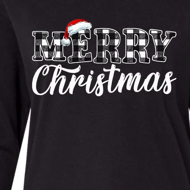 Merry Christmas Buffalo Black and White Plaid Womens Cotton Relaxed Long Sleeve T-Shirt