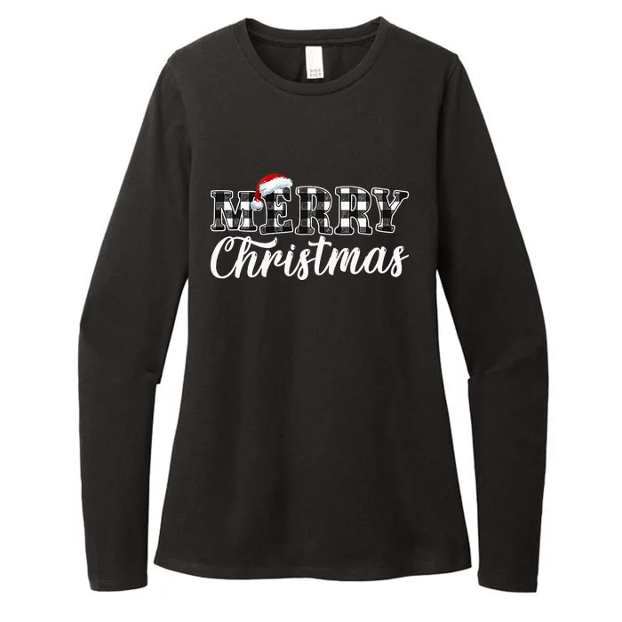 Merry Christmas Buffalo Black and White Plaid Womens CVC Long Sleeve Shirt