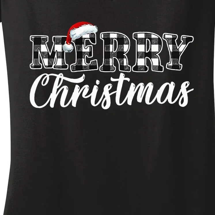 Merry Christmas Buffalo Black and White Plaid Women's V-Neck T-Shirt