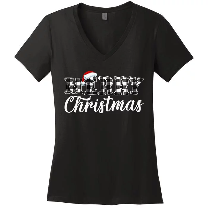 Merry Christmas Buffalo Black and White Plaid Women's V-Neck T-Shirt