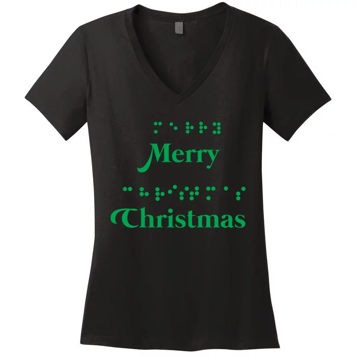 Merry Christmas Braille Alphabet Dots Xmas Top Holiday Gifts Long Sleeve Women's V-Neck T-Shirt