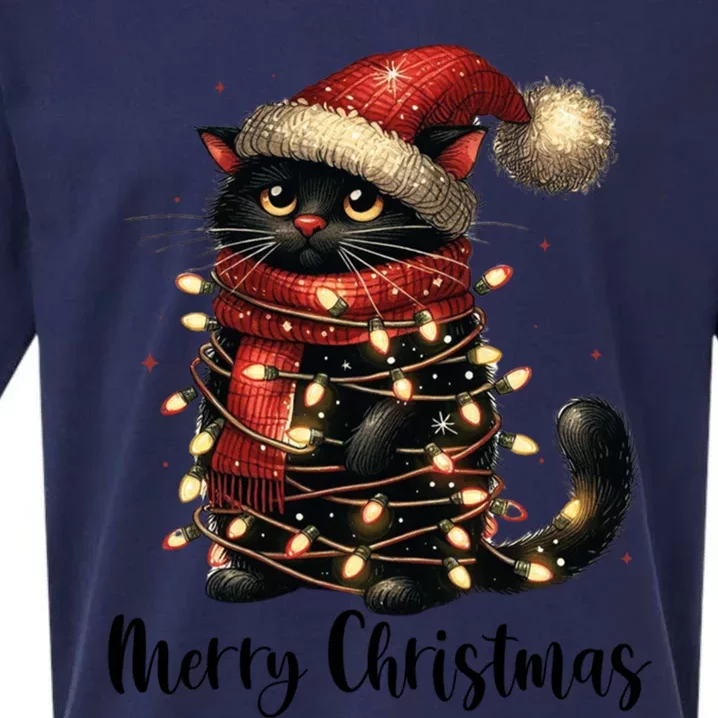 Merry Christmas Black Cat Santa Hat Xmas Tree Light Sueded Cloud Jersey T-Shirt