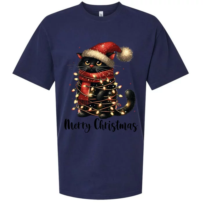 Merry Christmas Black Cat Santa Hat Xmas Tree Light Sueded Cloud Jersey T-Shirt