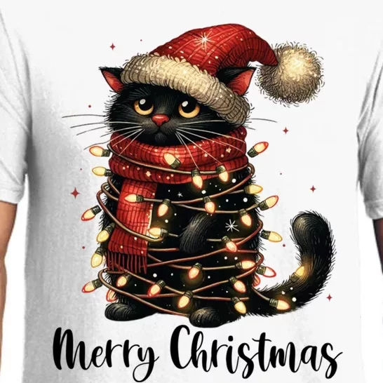 Merry Christmas Black Cat Santa Hat Xmas Tree Light Pajama Set