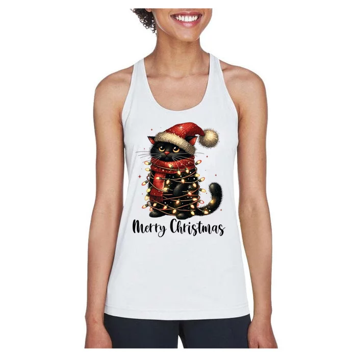 Merry Christmas Black Cat Santa Hat Xmas Tree Light Women's Racerback Tank