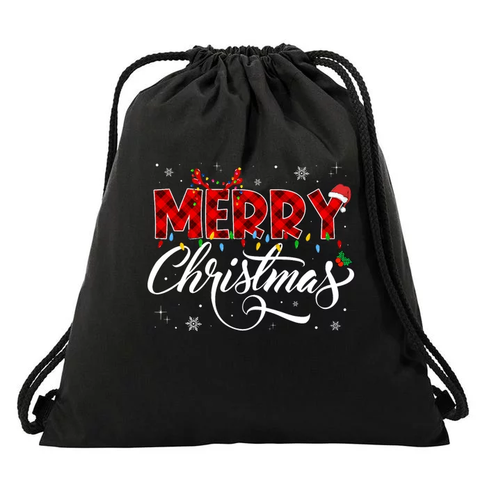 Merry Christmas Buffalo Plaid Red Santa Hat Xmas Pajamas Drawstring Bag