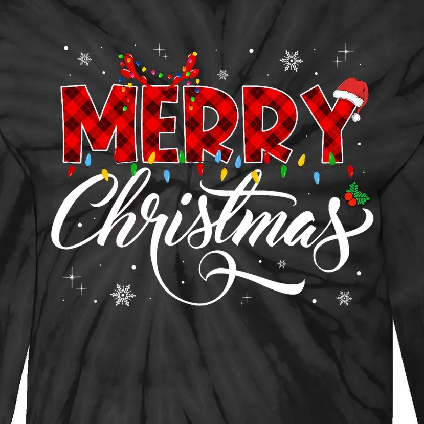 Merry Christmas Buffalo Plaid Red Santa Hat Xmas Pajamas Tie-Dye Long Sleeve Shirt