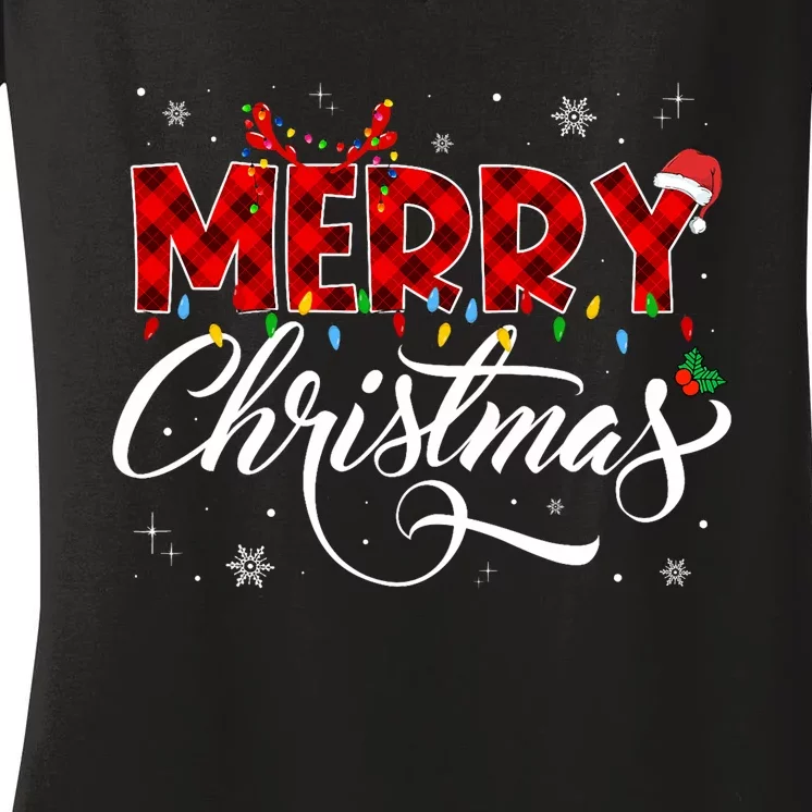 Merry Christmas Buffalo Plaid Red Santa Hat Xmas Pajamas Women's V-Neck T-Shirt