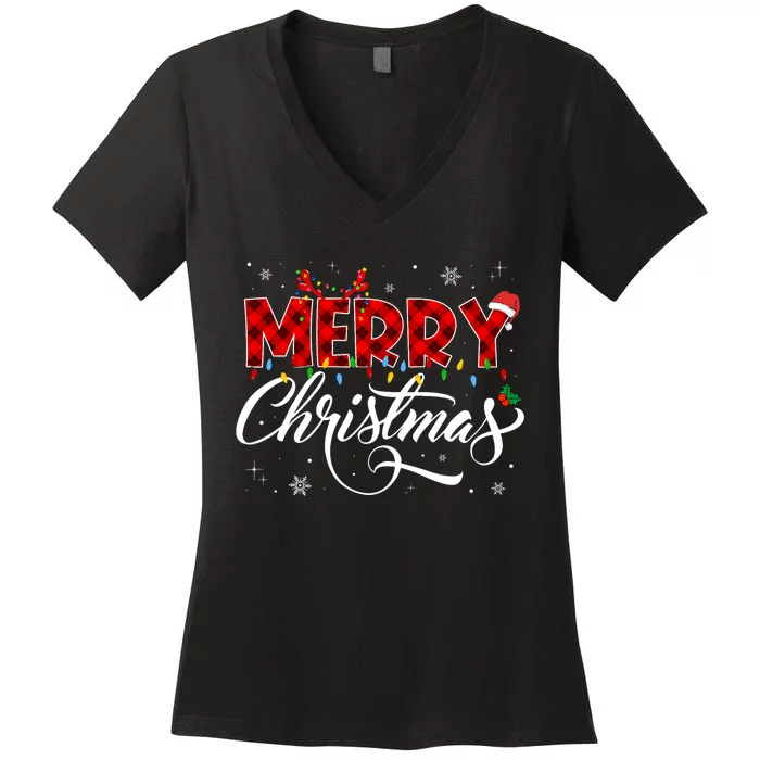 Merry Christmas Buffalo Plaid Red Santa Hat Xmas Pajamas Women's V-Neck T-Shirt