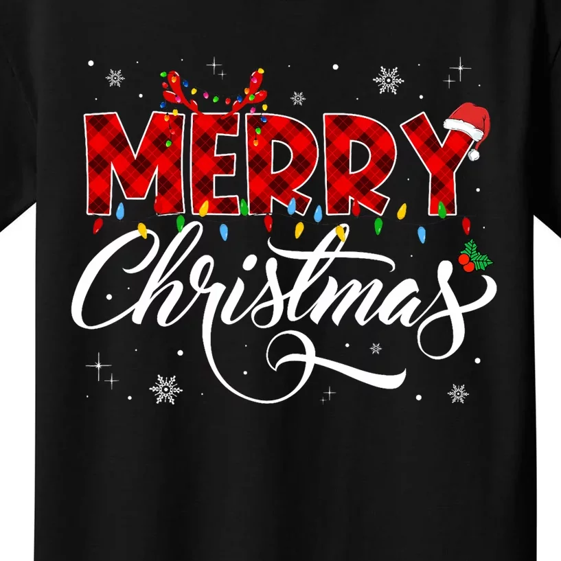 Merry Christmas Buffalo Plaid Red Santa Hat Xmas Pajamas Kids T-Shirt