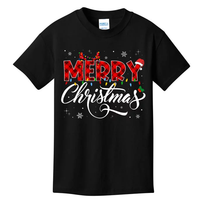 Merry Christmas Buffalo Plaid Red Santa Hat Xmas Pajamas Kids T-Shirt