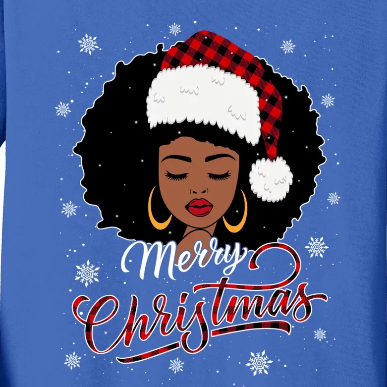 Merry Christmas Buffalo Plaid Queen Santa Afro American Xmas Gift Kids Long Sleeve Shirt