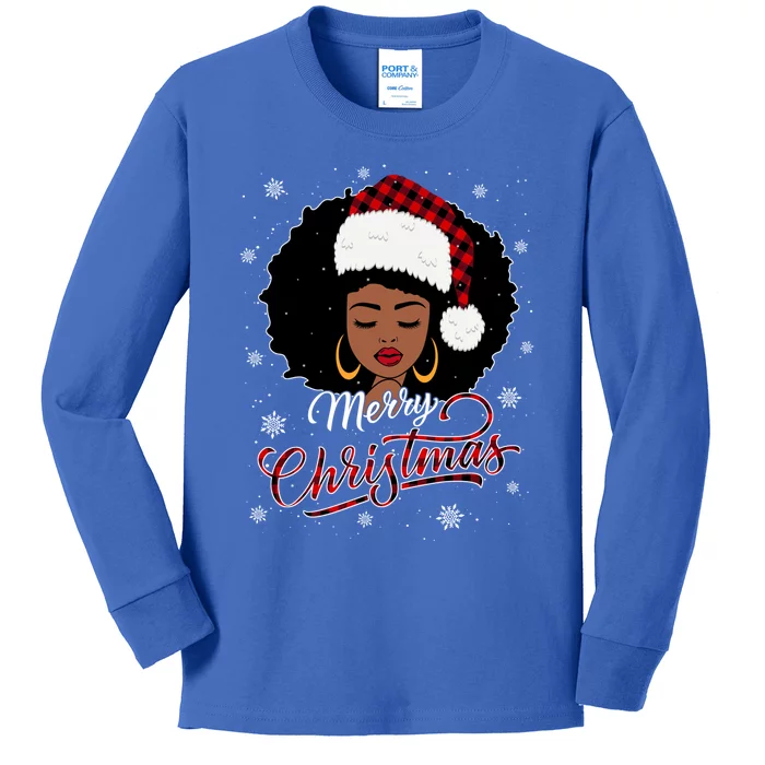 Merry Christmas Buffalo Plaid Queen Santa Afro American Xmas Gift Kids Long Sleeve Shirt