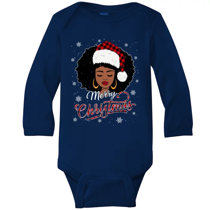 Merry Christmas Buffalo Plaid Queen Santa Afro American Xmas Gift Baby Long Sleeve Bodysuit