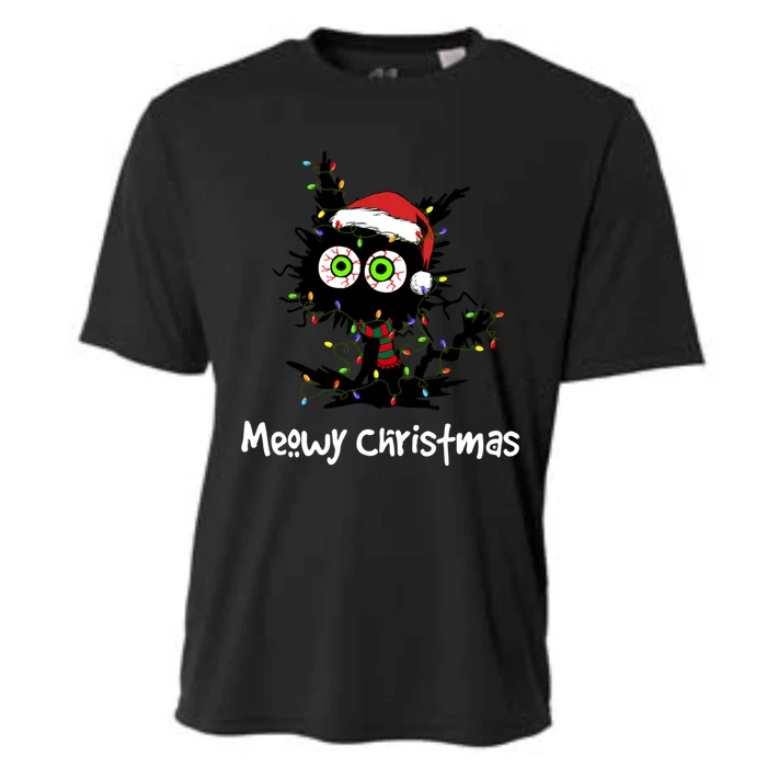 Meowy Christmas Black Cat Light Christmas Pajamas Gift Cooling Performance Crew T-Shirt