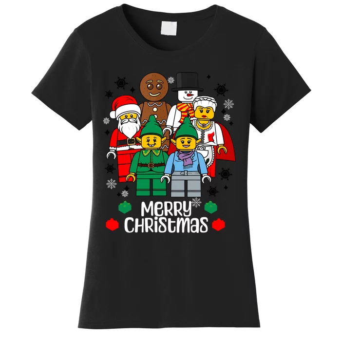 Merry Christmas Building Bricks Santa Elf Snowman Figures Women's T-Shirt