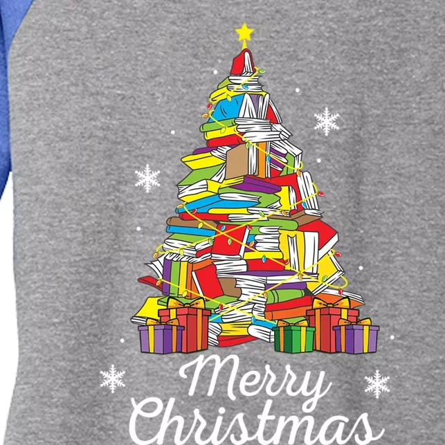 Merry Christmas Books Christmas Tree Reading Librarian Gift Women's Tri-Blend 3/4-Sleeve Raglan Shirt