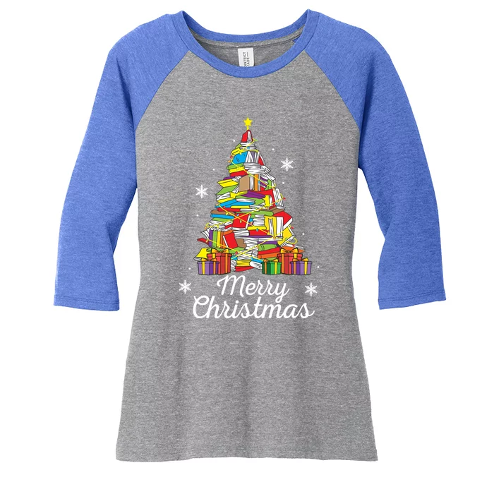 Merry Christmas Books Christmas Tree Reading Librarian Gift Women's Tri-Blend 3/4-Sleeve Raglan Shirt