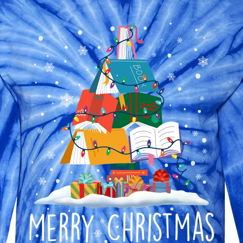 Merry Christmas Books Tree Xmas Book Lovers Gift Tie-Dye Long Sleeve Shirt