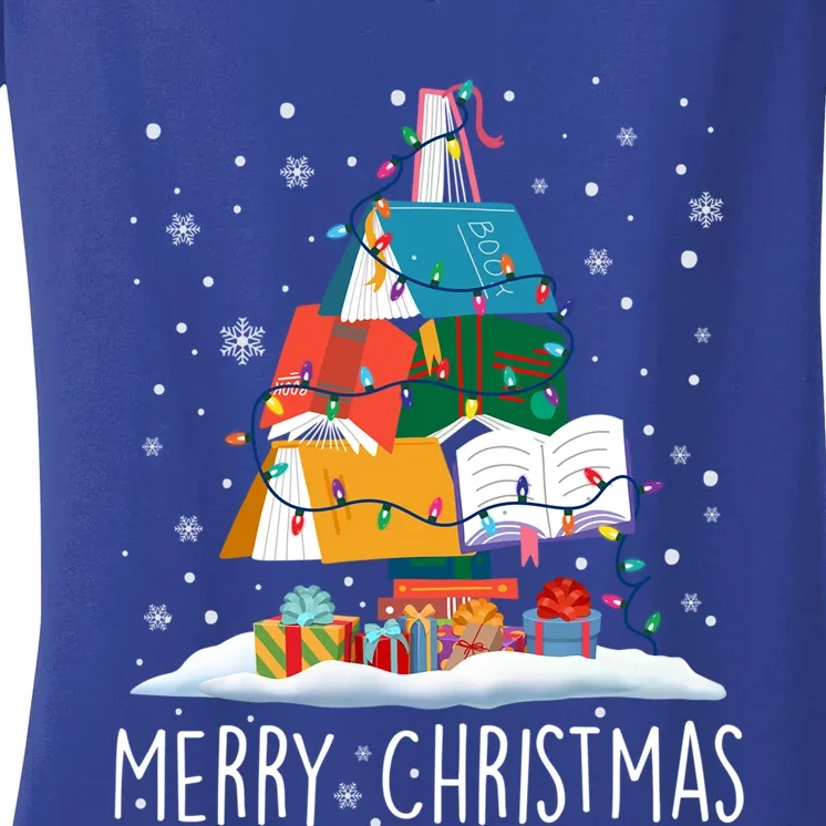 Merry Christmas Books Tree Xmas Book Lovers Gift Women's V-Neck T-Shirt