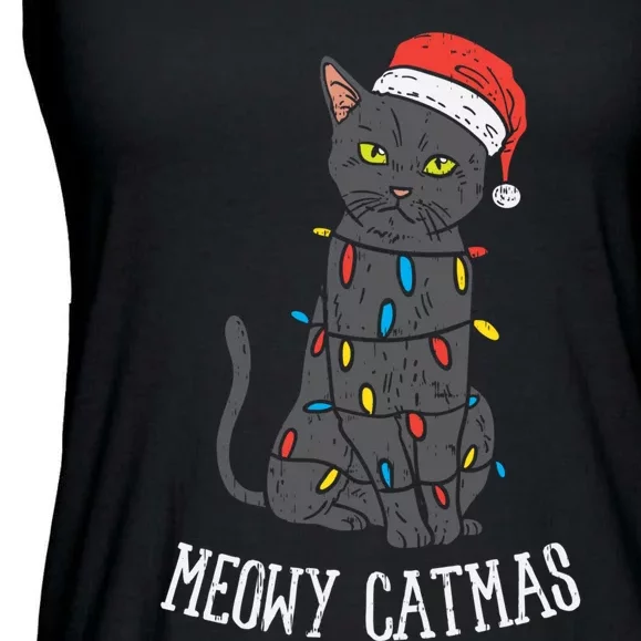 Meowy Catmas Black Cat Christmas Lights Santa Hat Funny Gift Ladies Essential Flowy Tank