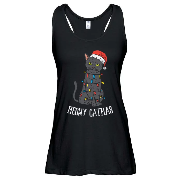 Meowy Catmas Black Cat Christmas Lights Santa Hat Funny Gift Ladies Essential Flowy Tank