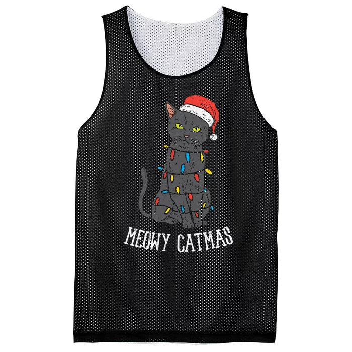 Meowy Catmas Black Cat Christmas Lights Santa Hat Funny Gift Mesh Reversible Basketball Jersey Tank