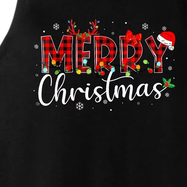 Merry Christmas Buffalo Plaid Red Santa Hat Xmas Pajamas Ladies Tri-Blend Wicking Tank