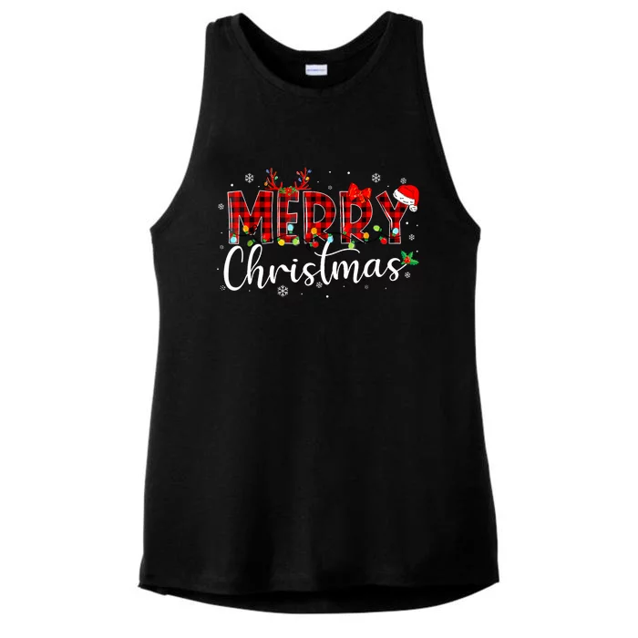 Merry Christmas Buffalo Plaid Red Santa Hat Xmas Pajamas Ladies Tri-Blend Wicking Tank