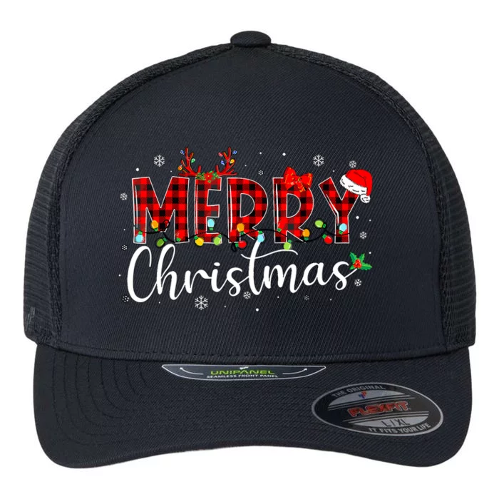 Merry Christmas Buffalo Plaid Red Santa Hat Xmas Pajamas Flexfit Unipanel Trucker Cap