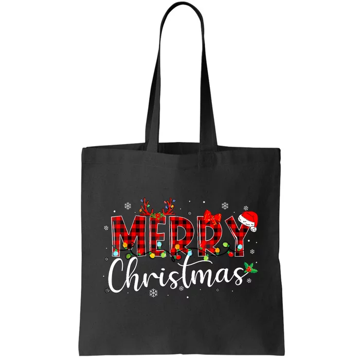 Merry Christmas Buffalo Plaid Red Santa Hat Xmas Pajamas Tote Bag