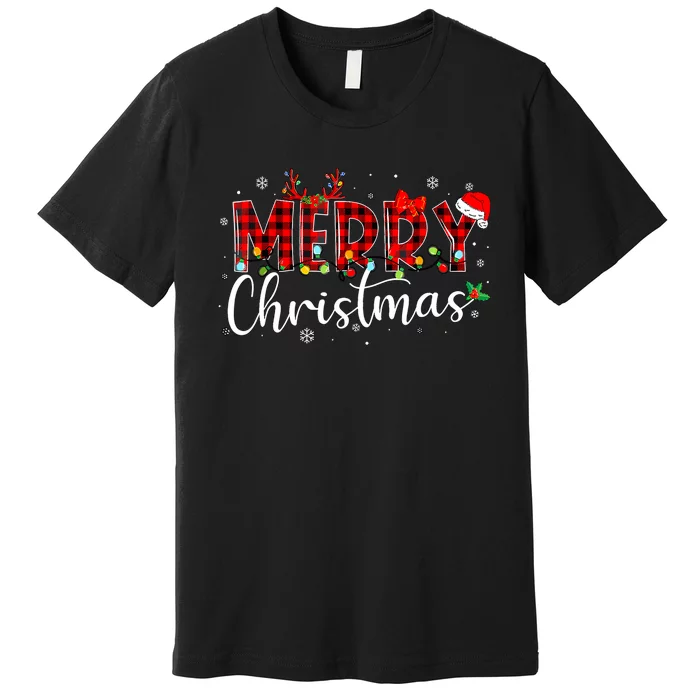 Merry Christmas Buffalo Plaid Red Santa Hat Xmas Pajamas Premium T-Shirt