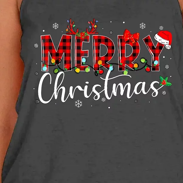 Merry Christmas Buffalo Plaid Red Santa Hat Xmas Pajamas Women's Knotted Racerback Tank